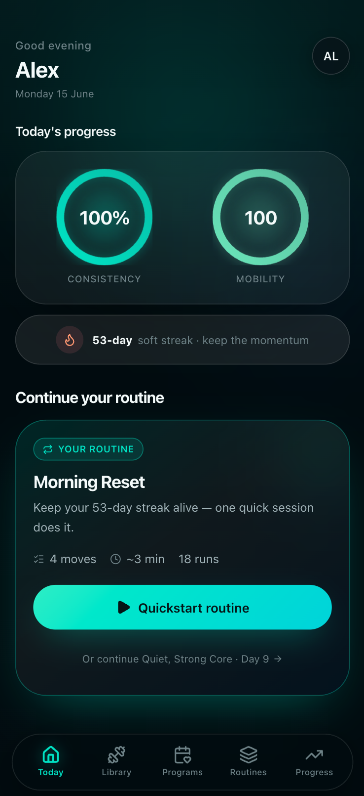 BackMotion Today screen with daily recovery routine