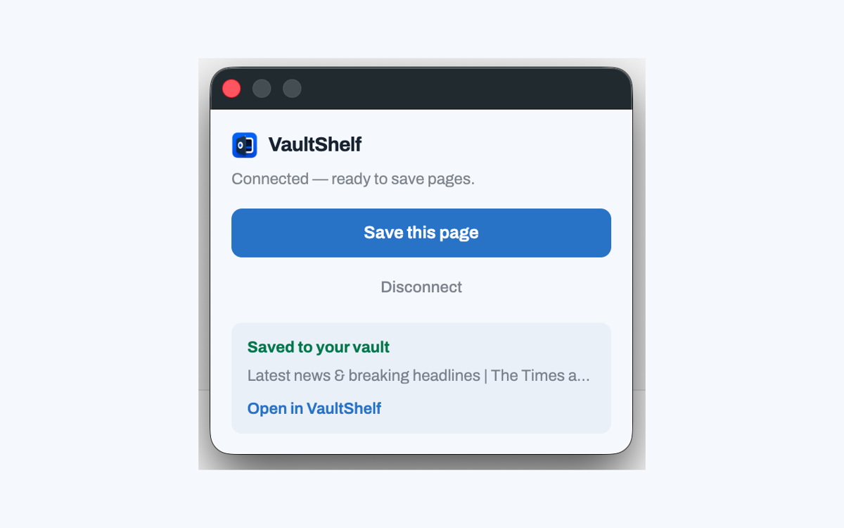 VaultShelf library dashboard with saved pages