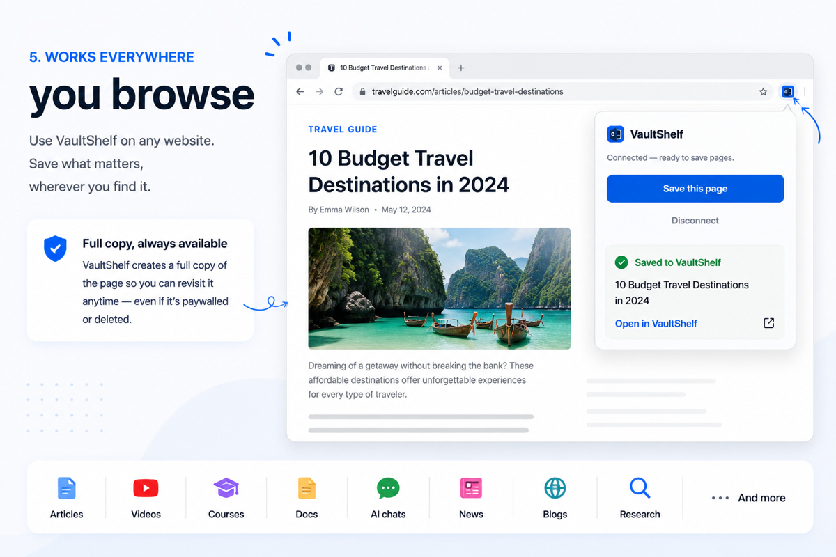 VaultShelf extension saving a page from any website with a full copy always available